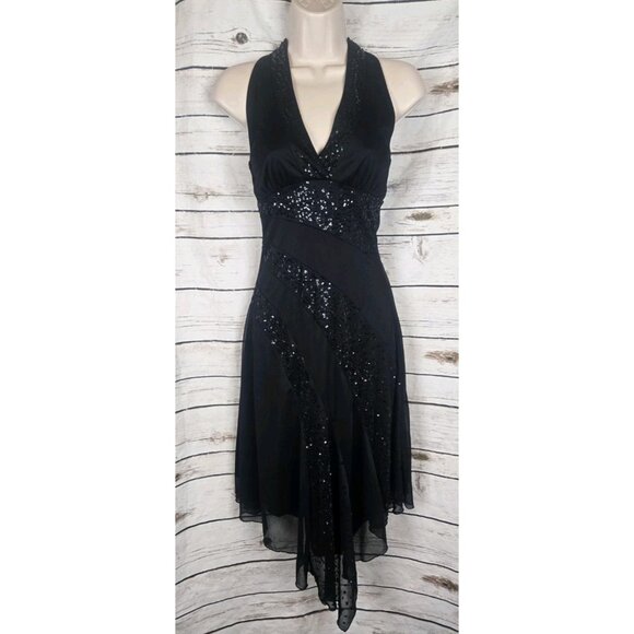 Vintage Y2K Rampage Black Halter Dress S Sequins 90's Chiffon  Asymmetrical - Picture 1 of 7